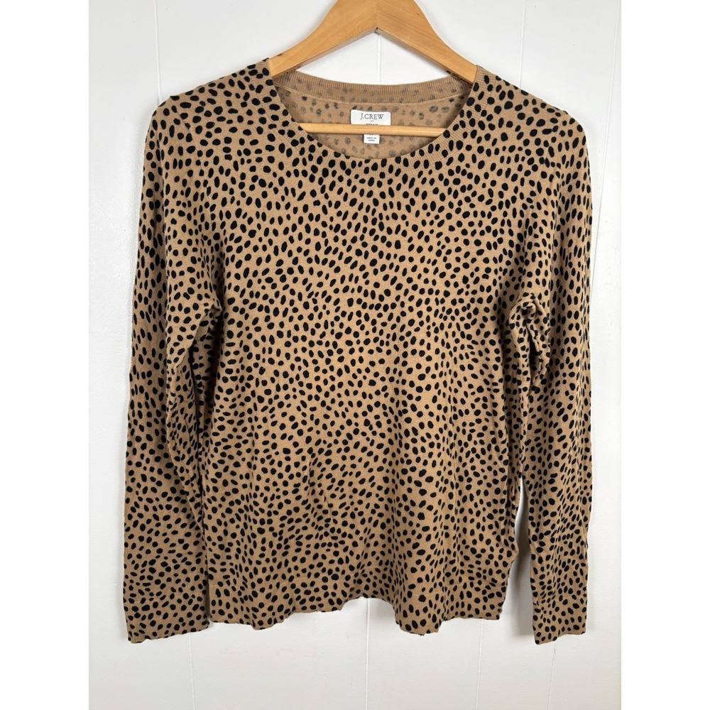 J Crew Teddie Women's Medium Leopard Print Tan Black Crewneck Pullover Sweater
